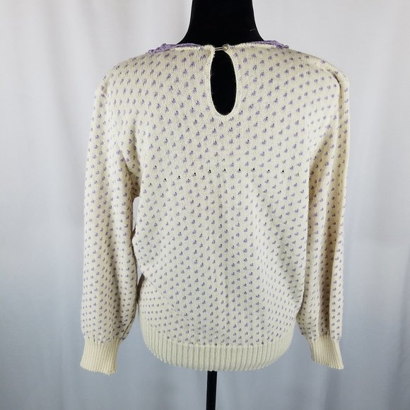 Sugar Tops sweater cream/purple knit cottage corps/coastal‎ grandma M/L VTG - Picture 2 of 7